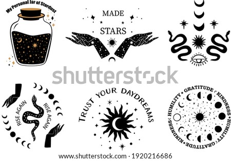 Mystical and celestial minimalist graphic set with motivational sayings. Set of esoteric magical elements like woman hands, sun, moon, stars, butterfly, snake. Occult signs and symbols.