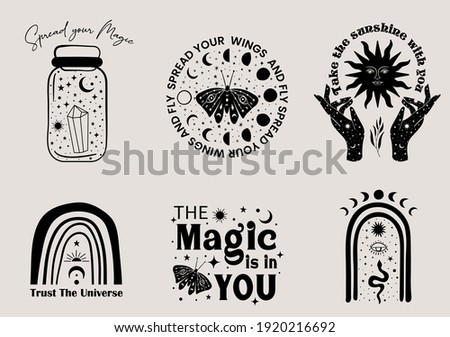 Mystical and celestial minimalist graphic set with motivational sayings. Set of alchemy esoteric  magical elements like woman hands, sun, moon, stars, butterfly, snake.