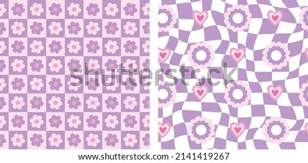 Set of two retro flower seamless pattern. Floral checkered prints in purple and blush color. Y2k groovy psychedelic fun pattern background.