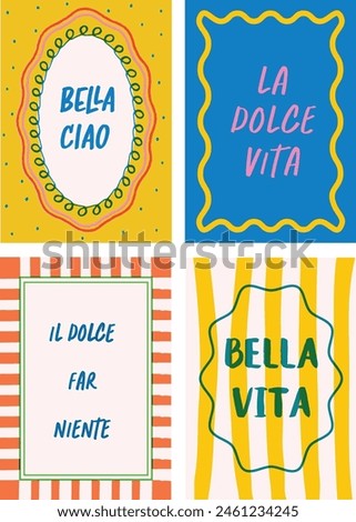 4 Risograph-style vibrant posters with Italian text Bella Ciao, Dolce Vita, Bella Vita. Wavy hand-drawn frames in vector format, ideal for fashion graphics, t-shirt prints, posters, and cards.