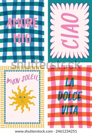 4 Risograph-style vibrant posters with Italian text Amore Mio, Ciao, Dolce Vita. Vector hand-drawn frames, checkered background, ideal for fashion graphics, t-shirt prints, posters, and cards.