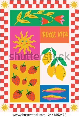 Risograph style - Poster. Modern concept of collage with illustrations of Sun, flower, strawberry, lemon and fish in bright colors. Hand drawn vector graphic with Dolce Vita Text.