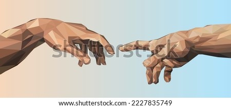 The Creation of Adam. Two hands going to touch together. The fragment of the Sistine chapel masterpiece. From classic to modern art. Creative low poly style, vector illustration.