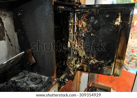 Frankfurt, Germany - Dezember 2, 2009 - Burned kitchen after fire caused by cigarettes