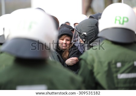 Zweibruecken, Germany - March 20, 2009: Protests against Neo Nazis and right wing extremists. Police guards counter-demonstrators