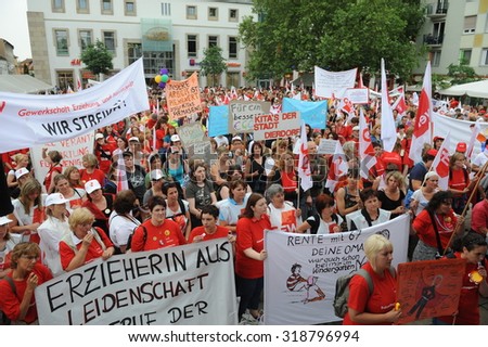 Worms, Germany - June 22, 2009 - Women protest against low payment in the nusery and kindergarten segment, strike and demonstrations