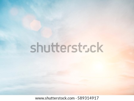 Sunshine clouds sky during morning background. Blue,white pastel heaven,soft focus lens flare sunlight. Abstract blurred cyan gradient of peaceful nature. Open view out windows beautiful summer spring 商業照片 © 