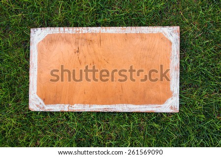 Wooden sign on the grass. Blank board for your text. Spring or summer theme for ads