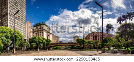 Panoramic view of the Anhangabaú Valley in the center of the city of São Paulo with the old tea viaduct and the city hall building in the background.. Сток-фото © 