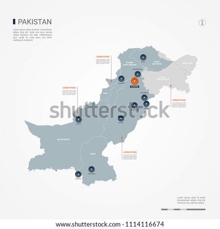 Pakistan map with borders, cities, capital Islamabad and administrative divisions. Infographic vector map. Editable layers clearly labeled.