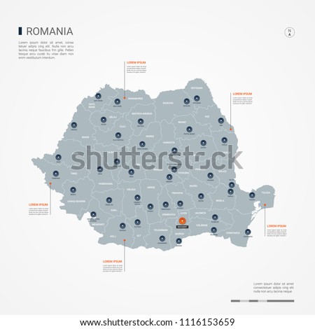 Romania map with borders, cities, capital Bucharest and administrative divisions. Infographic vector map. Editable layers clearly labeled.