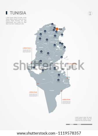 Tunisia map with borders, cities, capital Tunis and administrative divisions. Infographic vector map. Editable layers clearly labeled.