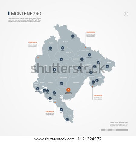 Montenegro map with borders, cities, capital Podgorica and administrative divisions. Infographic vector map. Editable layers clearly labeled.