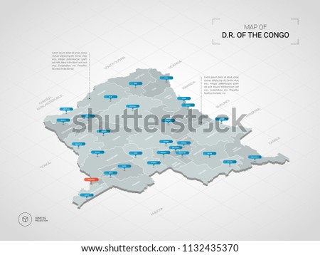 Isometric  3D Democratic Republic of the Congo map. Stylized vector map illustration with cities, borders, capital Kinshasa , administrative divisions and pointer marks; gradient background with grid.