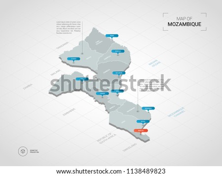 Isometric  3D Mozambique map. Stylized vector map illustration with cities, borders, capital Maputo , administrative divisions and pointer marks; gradient background with grid. 