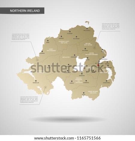 Stylized vector Northern Ireland map.  Infographic 3d gold map illustration with cities, borders, capital, administrative divisions and pointer marks, shadow; gradient background. 