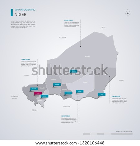 Niger vector map with infographic elements, pointer marks. Editable template with regions, cities and capital Niamey. 