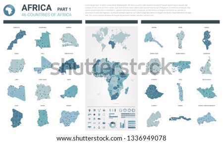 Vector maps set.  High detailed 46 maps of African countries with administrative division and cities. Political map, map of Africa continent, world map, globe, infographic elements.  Part 1.