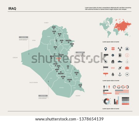 Vector map of Iraq.  High detailed country map with division, cities and capital Baghdad. Political map,  world map, infographic elements. 