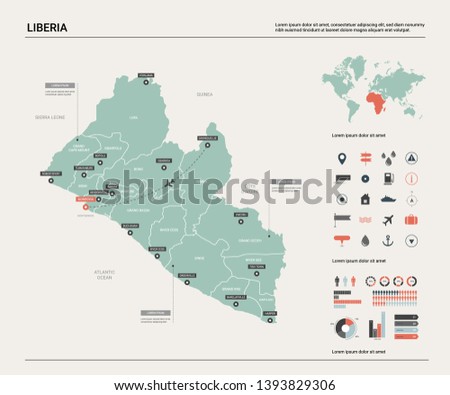 Vector map of Liberia. High detailed country map with division, cities and capital Monrovia. Political map,  world map, infographic elements. 