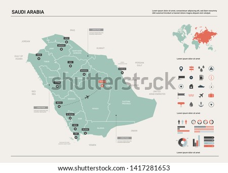 Vector map of Saudi Arabia. Country map with division, cities and capital Riyadh. Political map,  world map, infographic elements.