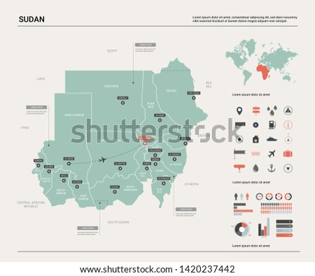 Vector map of Sudan. Country map with division, cities and capital Khartoum. Political map,  world map, infographic elements. 