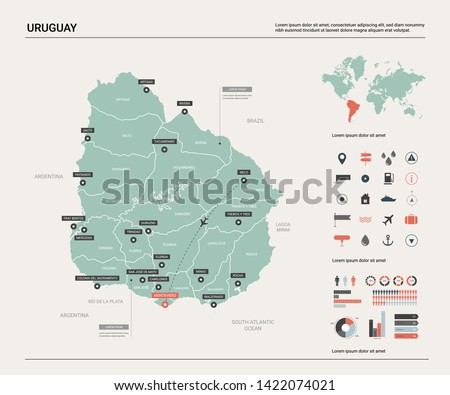 Vector map of Uruguay. Country map with division, cities and capital Montevideo. Political map,  world map, infographic elements.  