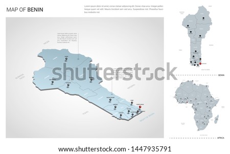 Vector set of Benin country.  Isometric 3d map, Benin map, Africa map - with region, state names and city names. 