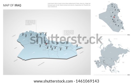 Vector set of Iraq country.  Isometric 3d map, Iraq map, Asia map - with region, state names and city names. 