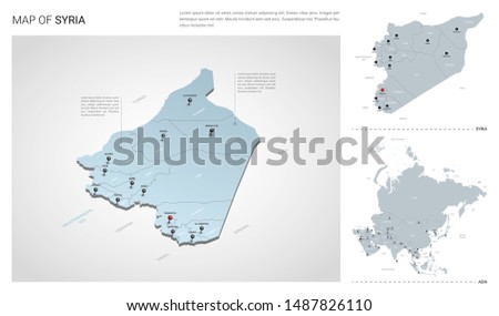 Vector set of Syria country.  Isometric 3d map, Syria map, Asia map - with region, state names and city names.