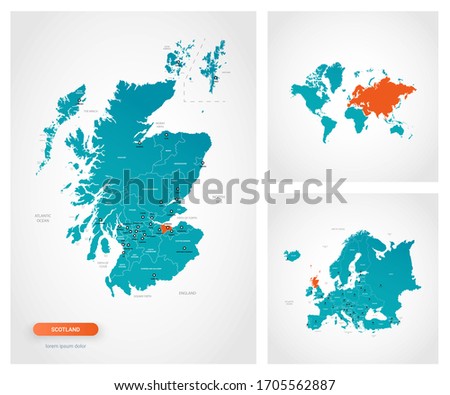 Editable template of map of Scotland with marks. Scotland  on world map and on Europe map.