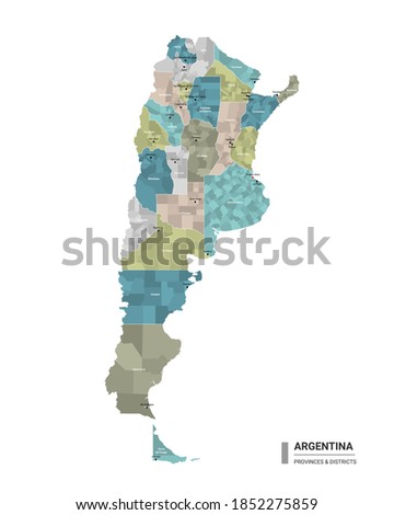 Argentina higt detailed map with subdivisions. Administrative map of Argentina with districts and cities name, colored by states and administrative districts. Vector illustration.