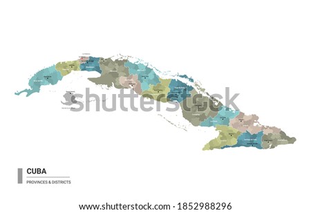 Cuba higt detailed map with subdivisions. Administrative map of Cuba with districts and cities name, colored by states and administrative districts. Vector illustration.