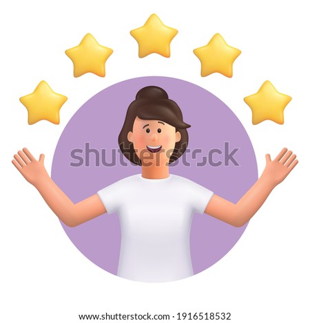 3D cartoon character. Young woman points to the stars, good review. Customer review rating and client feedback concept. Smiling cute brunette girl.  3d vector illustration.