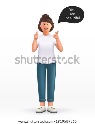3D cartoon character. Young woman showing thumb up in approval and pointing her finger to you, making compliment, like product, guarantee quality. nice work gesture. Smiling cute brunette girl. 