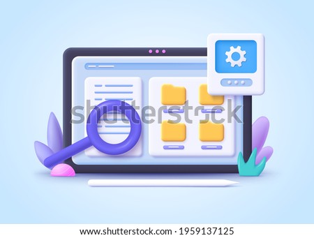 Concept of File management. Searching files in database. Document management soft, document flow app, compound docs concept. 3d vector illustration.