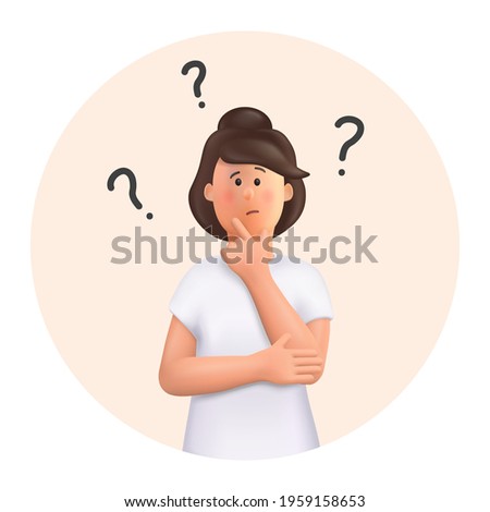 3D cartoon character. Young woman in a thoughtful pose. Choice concept, woman thinking, with question mark.  3d vector illustration.