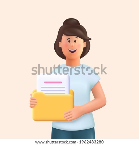 3D cartoon character. Young woman holding a folder with file or documents and smiling. 3d vector illustration.
