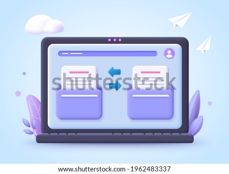 File transfer concept. Two folder with document and files transfering. 3d vector illustration.