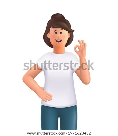 Young woman Jane showing Ok sign . Positive emotions with gestures. 3d vector people character illustration.