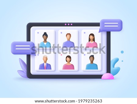 Online Meeting, Virtual Conference Video call, Briefing, Teamwork Concept. 3d realistic vector illustration.