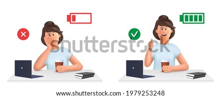 Young woman Jane - burnout concept. Tired, sleepy woman and happy, energetic woman with full and low energy battery working on computer in workplace.. 3d vector people character illustration.