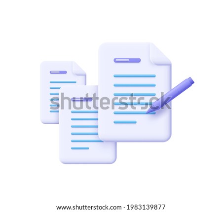 Creative writing and storytelling, brief, contract terms and conditions, document paper, assignment concept. 3d vector illustration.