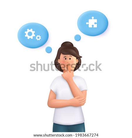 Young woman Jane thinking, searching idea, trying to find a solution. Brainstorming concept. 3d vector people character illustration.