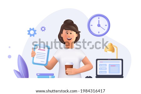 Young woman Jane - freelance worker working with laptop at home. Daily work routine. 3d vector people character illustration.