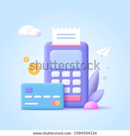Concept of payment processing. Financial transactions, bank card, terminal for buying process, monetary currencies. 3d vector illustration.