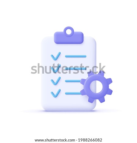 Clipboard and gear icon. Project management, software development concept. Checklist with cog. 3d vector illustration. 商業照片 © 
