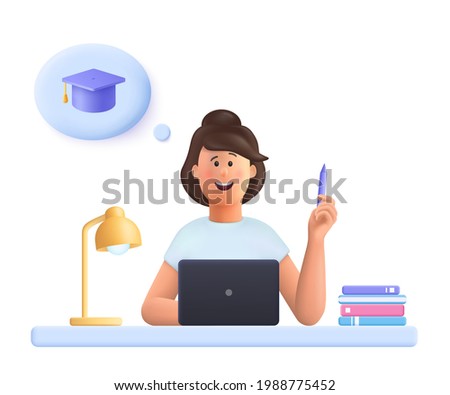 Young woman Jane sitting at desk in front laptop, holding pencil, doing assignment, thinking graduation. Online education, online study concept.  3d vector people character illustration.