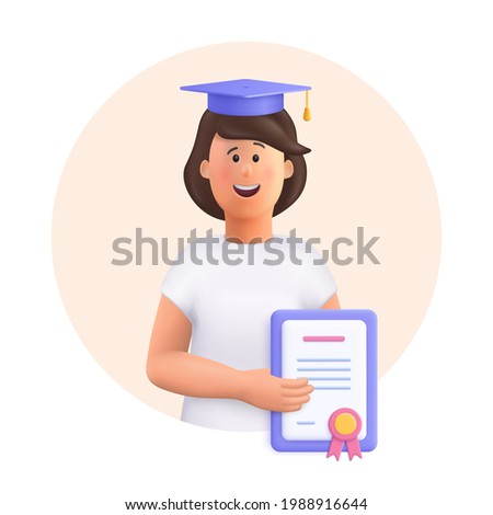 Young woman Jane - student in graduation cap and robe standing, holding diploma or certificate. Academic degree and achievements. 3d vector people character illustration.