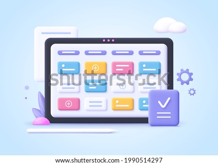 Concept of kanban board, agile project management concept, work schedule organization, time planning and workflow managing.3d realistic vector illustration.
 